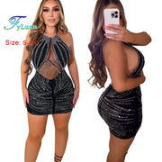 Tight Fitting Off Shoulder Backless Women Lace Up Short Skirt Sheer Mesh Hot Rhinestones Girl Dress Banquet Birthday Party Cloth