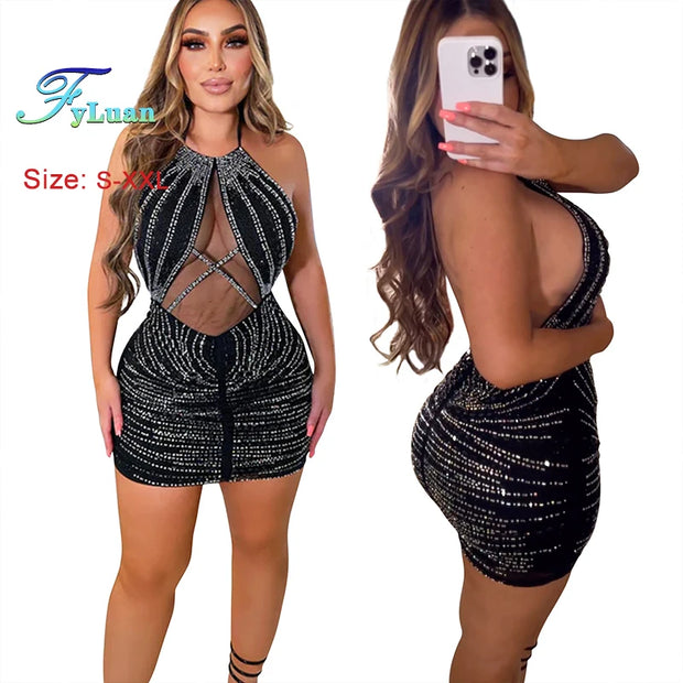 Tight Fitting Off Shoulder Backless Women Lace Up Short Skirt Sheer Mesh Hot Rhinestones Girl Dress Banquet Birthday Party Cloth