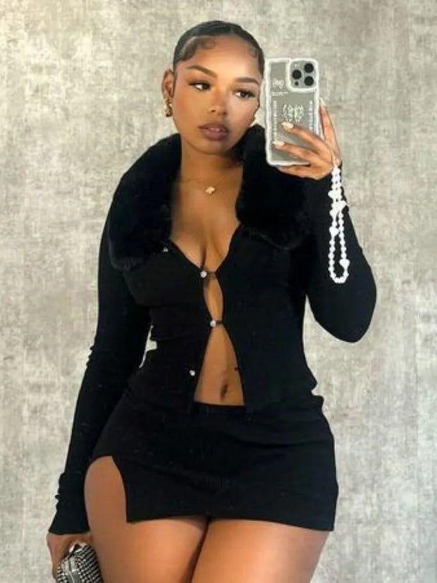 Joskaa Women 2 Piece Set Sexy Fur Collar Full Sleeve Single Breasted Tops and Split Mini Skirt Matched Winter Party Club Outfits