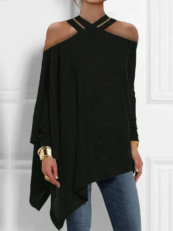 Yeezzi Fashion Asymmetric Long Sleeve Casual Shirts Tops Solid Color Loose Hollow Cold Shoulder Blouses For Women 2023 New