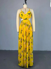 CM.YAYA Elegant Floral Print Sleeveless Sweet Strapless Floor-Length Long Women Dress Beach Party Birthday Sexy Pleated Dresses