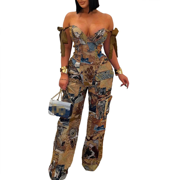 Oil Painting Printed Women's Set Lace Up Back Crop Top and Pants Suit 2025 Fall Winter Two 2 Piece Sets Outfit Tracksuit