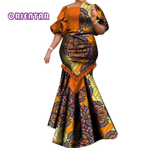 African Dresses for Women Fashion Print Patchwork Ruffle Long Dashiki Dress African Ball Gown for Evening Party WY6824
