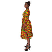 BintaRealWax African Dresses for Women Elegant V Neck Office Midi Dresses with Belt Riche Cotton Africa Print Clothing WY7886