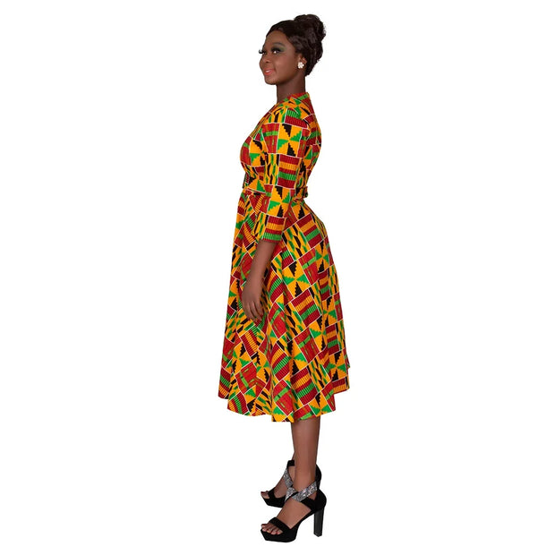 BintaRealWax African Dresses for Women Elegant V Neck Office Midi Dresses with Belt Riche Cotton Africa Print Clothing WY7886