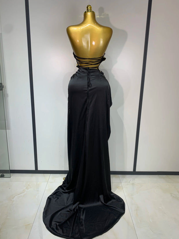 2025 New Arrival Women Gold Color Sexy Laced-up Tops 2 Pieces Set Long Dress Celebrate Evening Party Celebrity Elegant Dress
