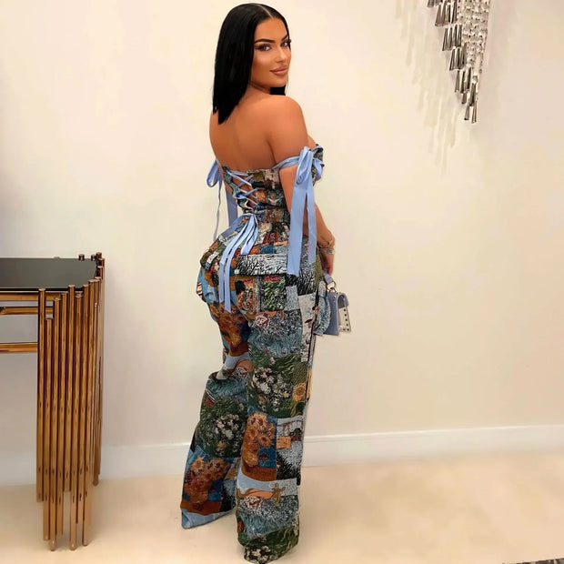 Oil Painting Printed Women's Set Lace Up Back Crop Top and Pants Suit 2025 Fall Winter Two 2 Piece Sets Outfit Tracksuit