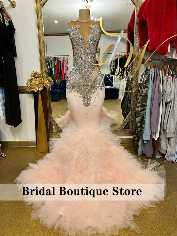 New Elegant Diamonds Prom Dress Glitter Crystals Rhinestone Beads Ruffles Luxury Birthday Party Dress Evening Gown Customized