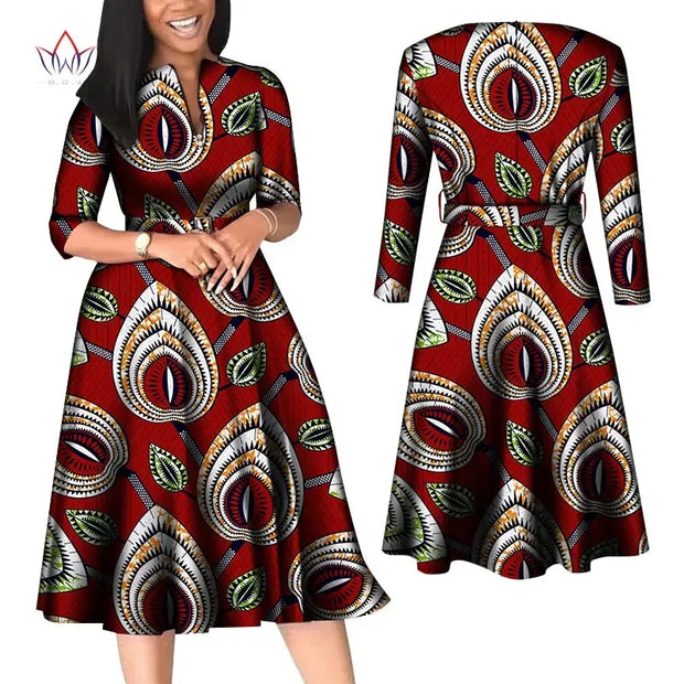 BintaRealWax African Dresses for Women Elegant V Neck Office Midi Dresses with Belt Riche Cotton Africa Print Clothing WY7886