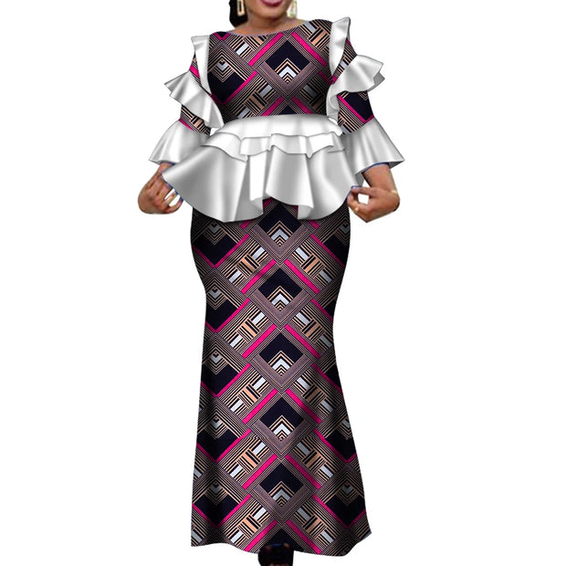 African Two Piece Outfits Set for Women Fashion Dashiki Ruffle Dashiki African Clothes Bazin Plus Size Clothing for Party WY4142