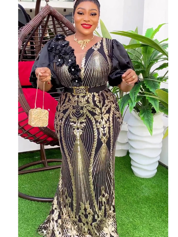 Plus Size African Wedding Party Dresses for Women Dashiki Ankara Sequin Evening Gown Elegant Turkey Outfit Robe Africa Clothes