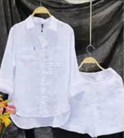 Fashion White Long Sleeve Shirt And Shorts Two Piece Sets Woman 2024 Spring Cotton Linen Casual Home 2 Piece Set For Women