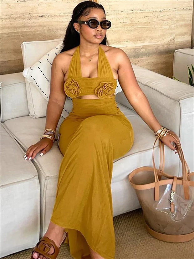 Weird Puss Ruched Applique Dress Women Sexy Bandage Halter Hollow Sleeveless Robe Street Trend Stretch Backless Long Bodycon