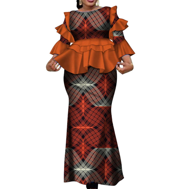 African Two Piece Outfits Set for Women Fashion Dashiki Ruffle Dashiki African Clothes Bazin Plus Size Clothing for Party WY4142