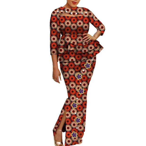 African Wax Print Clothing Women 2 Piece Outfits Set Bazin Riche Applique Flower & Pearls Women Tops and Skirt Set WY3698