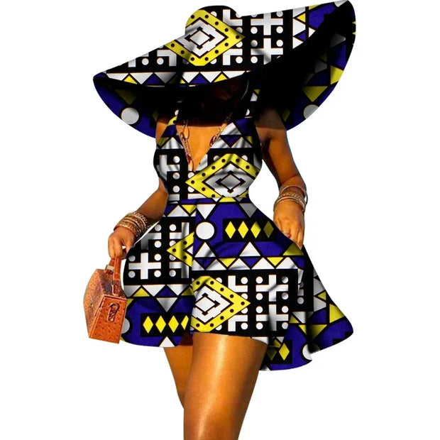 Women Summer Dress African Print Jumpsuit Sexy Sleeveless V-neck Short Pant with Hat Fashion African Clothes Lady Attire WY8844