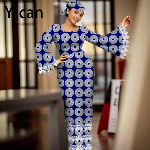 African Dress for Women Elegant Flare Sleeve Lace Dress Slim Fit Party Evening Gown Vestidos with Headwrap African Dress 2425158