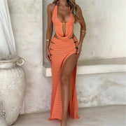 Sexy Halter V Neck Backless Knitted Beach Cover Up Cover-ups Beach Dress Beach Wear Beachwear Two Pieces Set Female Women V6379