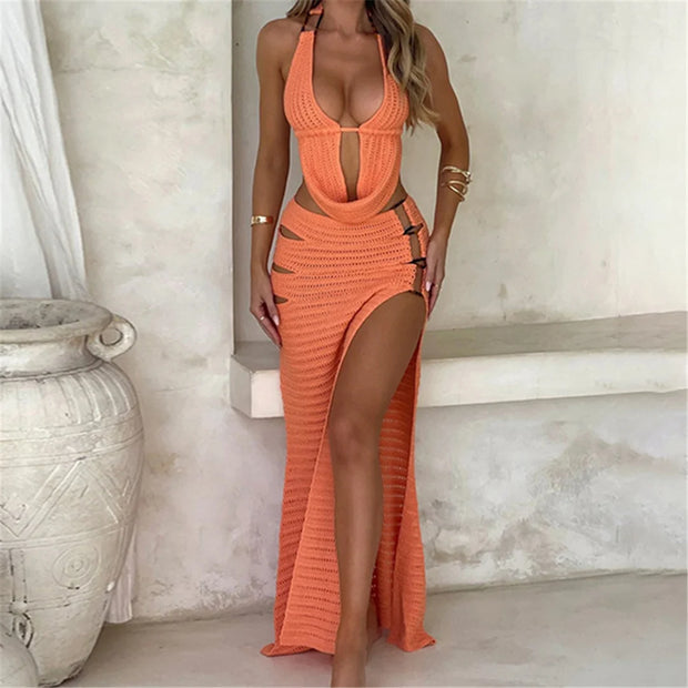 Sexy Halter V Neck Backless Knitted Beach Cover Up Cover-ups Beach Dress Beach Wear Beachwear Two Pieces Set Female Women V6379