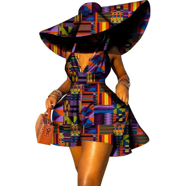 Women Summer Dress African Print Jumpsuit Sexy Sleeveless V-neck Short Pant with Hat Fashion African Clothes Lady Attire WY8844