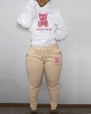 Lovely Bear Letter Print Kangaroo Pocket Tracksuit Set Long Sleeve Hoodie+Drawstring Trousers Women Two Pieces Matching Suits