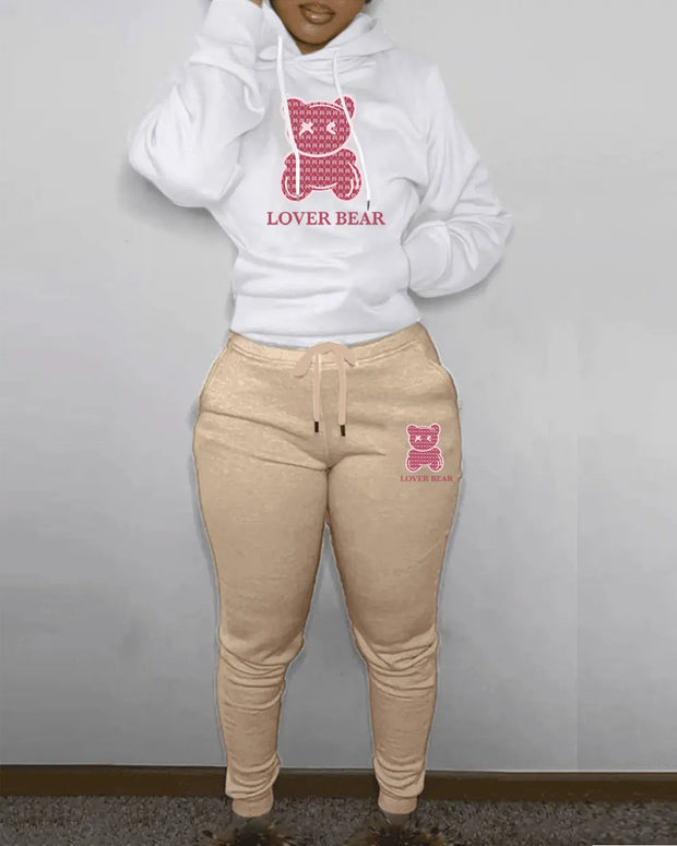 Lovely Bear Letter Print Kangaroo Pocket Tracksuit Set Long Sleeve Hoodie+Drawstring Trousers Women Two Pieces Matching Suits