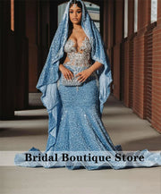New Arrival 2025 Blue Prom Dresses For Black Girls With Cape Bead Diamonds Gems Sequins Birthday Party Gown Customized