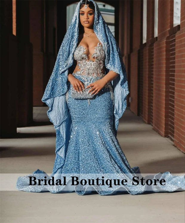 New Arrival 2025 Blue Prom Dresses For Black Girls With Cape Bead Diamonds Gems Sequins Birthday Party Gown Customized