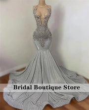 New Arrival 2025 Sparkly Silver Diamonds Mermaid Prom Dress Halter Rhinestones Wedding Party Birthday Evening Gown Customized