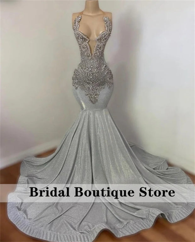 New Arrival 2025 Sparkly Silver Diamonds Mermaid Prom Dress Halter Rhinestones Wedding Party Birthday Evening Gown Customized