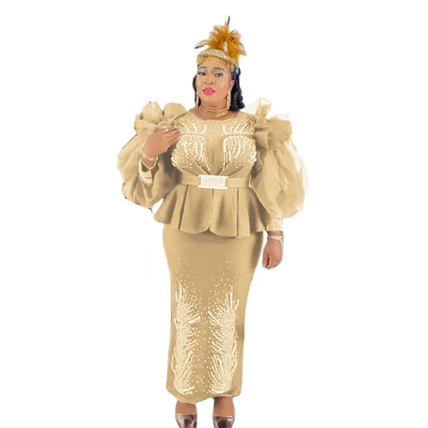 Plus Size African Party Evening Dresses for Women Elegant Autumn African Long Sleeve Diamond Wedding Christmas Dress Outfits
