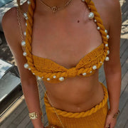 Sexy Beading Halter Bikini Mini Skirt Sets Women Crochet Crop Top High Waist Hip Package Skirts 2024 Summer Solid Lady Outfit