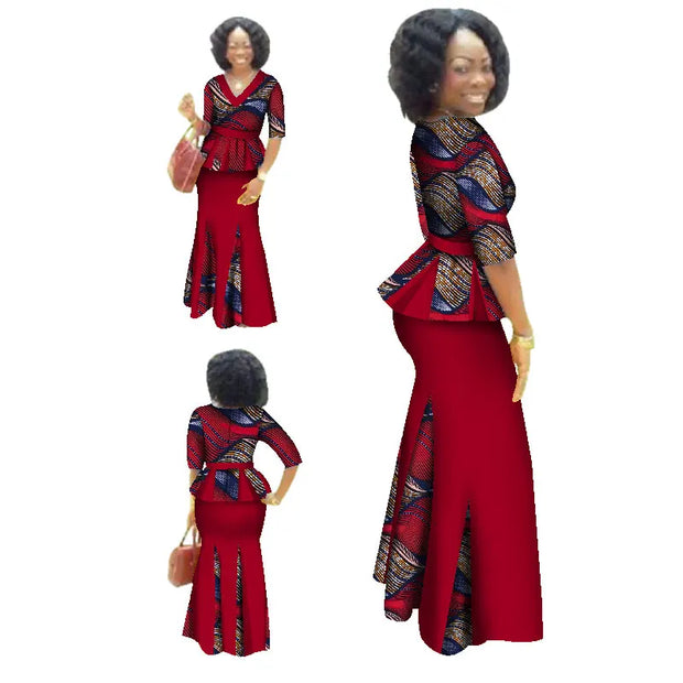 Traditional African Clothing 2 Piece Set Women Clothes Half Sleeve Maxi Dress Dashiki African Print Skirt free Scarf 6XL WY1435