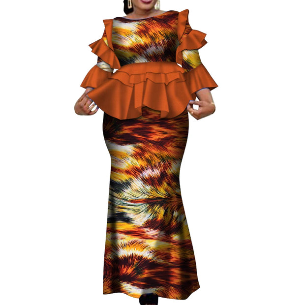 African Two Piece Outfits Set for Women Fashion Dashiki Ruffle Dashiki African Clothes Bazin Plus Size Clothing for Party WY4142