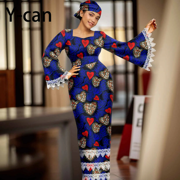 African Dress for Women Elegant Flare Sleeve Lace Dress Slim Fit Party Evening Gown Vestidos with Headwrap African Dress 2425158