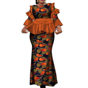 African Two Piece Outfits Set for Women Fashion Dashiki Ruffle Dashiki African Clothes Bazin Plus Size Clothing for Party WY4142