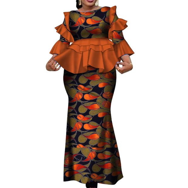 African Two Piece Outfits Set for Women Fashion Dashiki Ruffle Dashiki African Clothes Bazin Plus Size Clothing for Party WY4142
