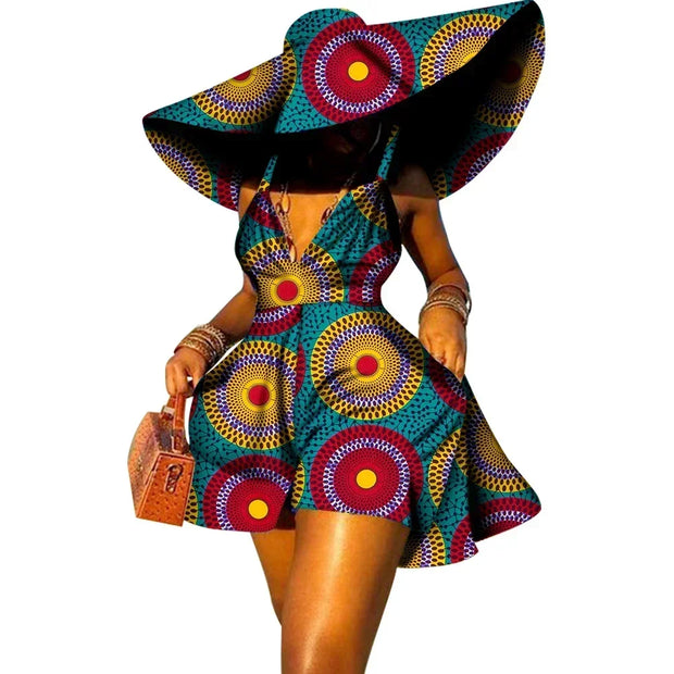 Women Summer Dress African Print Jumpsuit Sexy Sleeveless V-neck Short Pant with Hat Fashion African Clothes Lady Attire WY8844