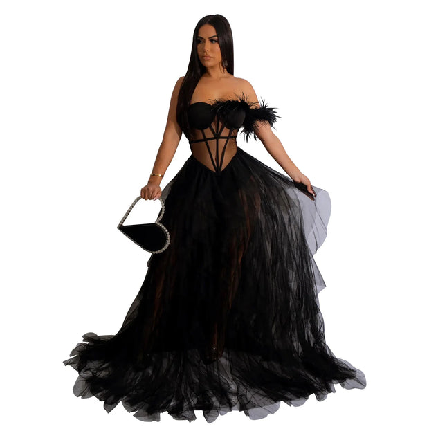 High Quality Sexy Beautiful Ruffles Party Dress Long High Street Style Black Red Mesh Ruffles Corset Maxi Dress Birthday Outfits
