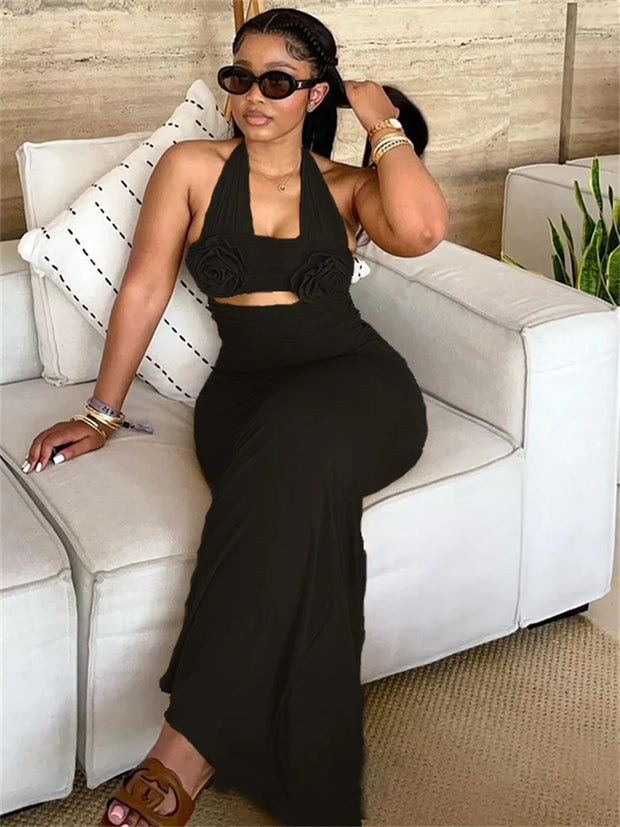 Weird Puss Ruched Applique Dress Women Sexy Bandage Halter Hollow Sleeveless Robe Street Trend Stretch Backless Long Bodycon