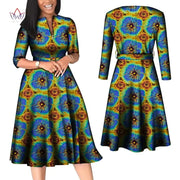 BintaRealWax African Dresses for Women Elegant V Neck Office Midi Dresses with Belt Riche Cotton Africa Print Clothing WY7886