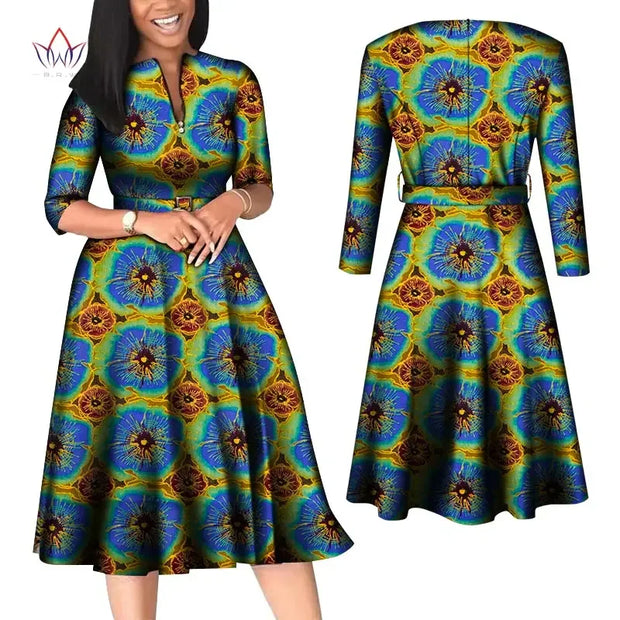 BintaRealWax African Dresses for Women Elegant V Neck Office Midi Dresses with Belt Riche Cotton Africa Print Clothing WY7886