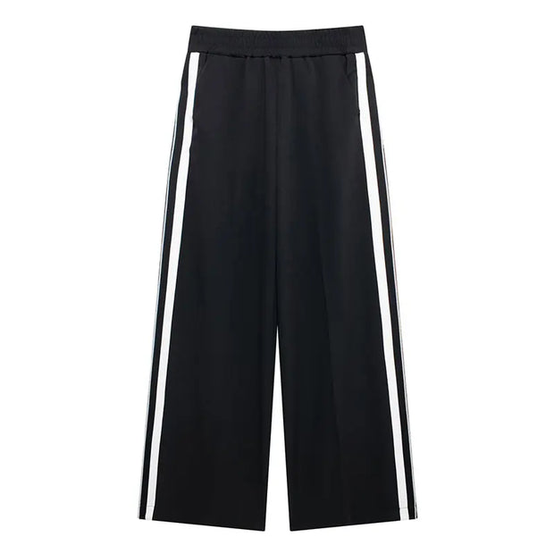 TRAFZA 2024 New Women Casual Black Trousers Suits Sports Short Jacket + Female Vinatge Black White Patchwork Baggy Pants Street