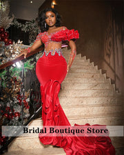 Elegant Red Mermaid Evening Dresses 2024 Sheer Sleeves Sparkly Beads Crystals African Wedding Gown Fashion Party Customized