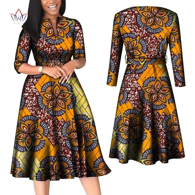 BintaRealWax African Dresses for Women Elegant V Neck Office Midi Dresses with Belt Riche Cotton Africa Print Clothing WY7886