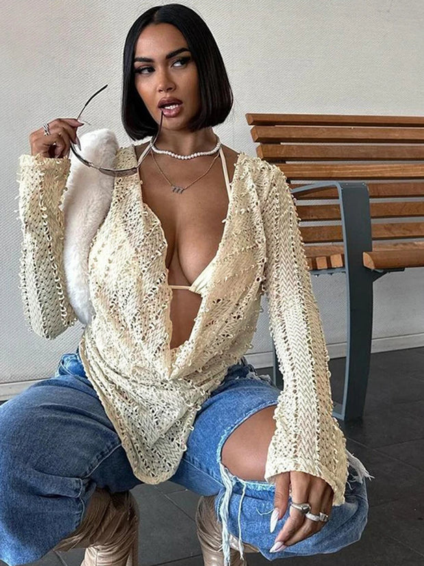 Weird Puss Swing Collar Crop Tops Women See Through Sexy Fashion Coquette Long Sleeve Wild Streetwear Midnight Party Slim Tees