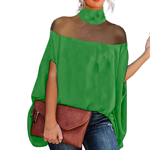 Yeezzi 2024 New Female Fashion See-Through Summer Blouses Batwing Sleeves High-neck Causal Shirts Tops For Women