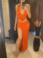Sexy Halter V Neck Backless Knitted Beach Cover Up Cover-ups Beach Dress Beach Wear Beachwear Two Pieces Set Female Women V6379