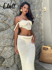 Sexy Knitted Tanks Skirts Set Women Chic Hollow-out Backless Sling Crop Top Hip Package Long Skirt 2025 New Female Beach Outfits