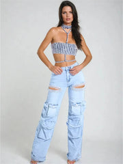 Weird Puss Hollow Rhinestones Cargo Jeans Women Multiple Pockets Button Waist Stretch Autumn Trend Classic Steertwear Buttoms